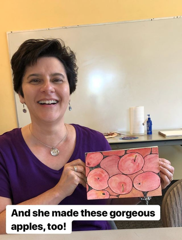 Lynn at the 10/14/18 Playshop with her apple painting