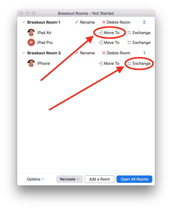 Use the "Move to" or "Exchange" links to move participants between breakout rooms